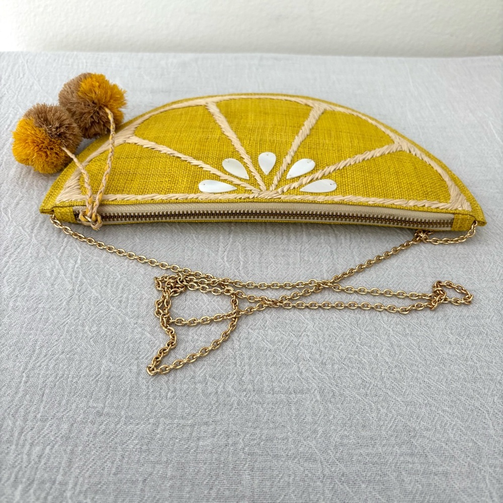 J Crew KAYU Limon Crossbody/Clutch Bag NWOT Yellow Raffia, Mother of Pearl Shell - Picture 4 of 6